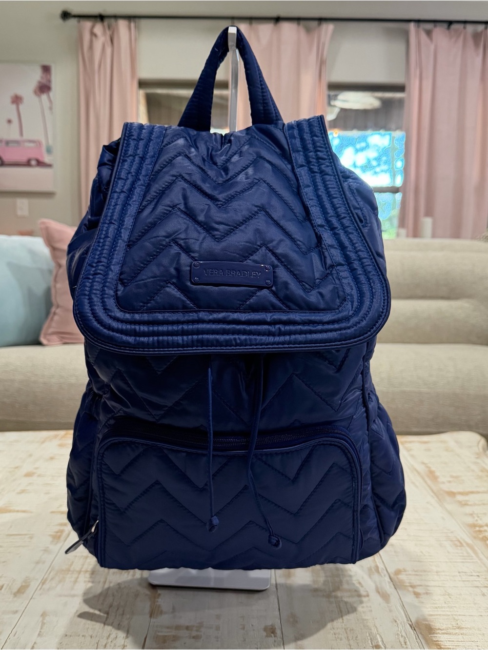 Vera Bradley Backpack Puffy Drawsteing Quilted Chevron Navy Blue Backpack